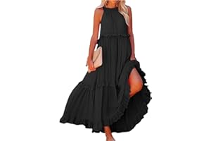SDGGSGV Womens Halter Boho Maxi Dress Summer Sleeveless Flowy Swing Tiered Dress Loose Ruffle Hem Elegant Wedding Guest Dress