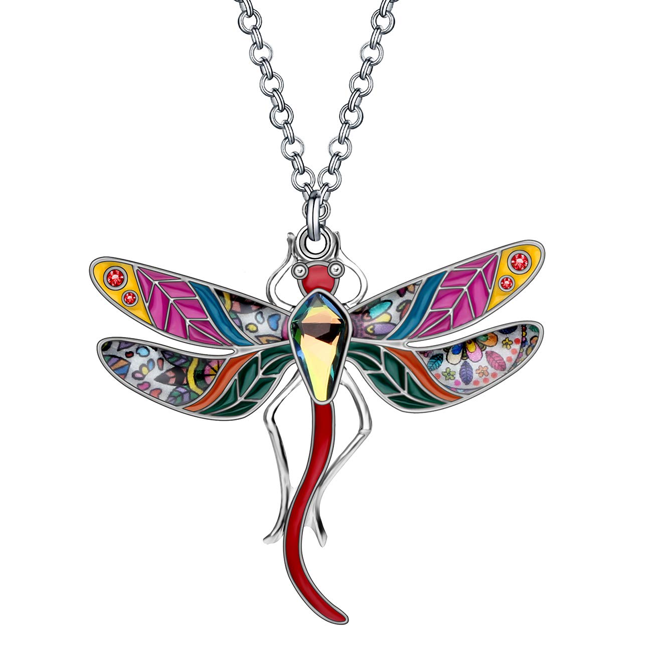 BONSNY Statement Enamel Rhinestone Dragonfly Necklaces Pendant Original Design for Women Nature Lover Jewelry (Multi)