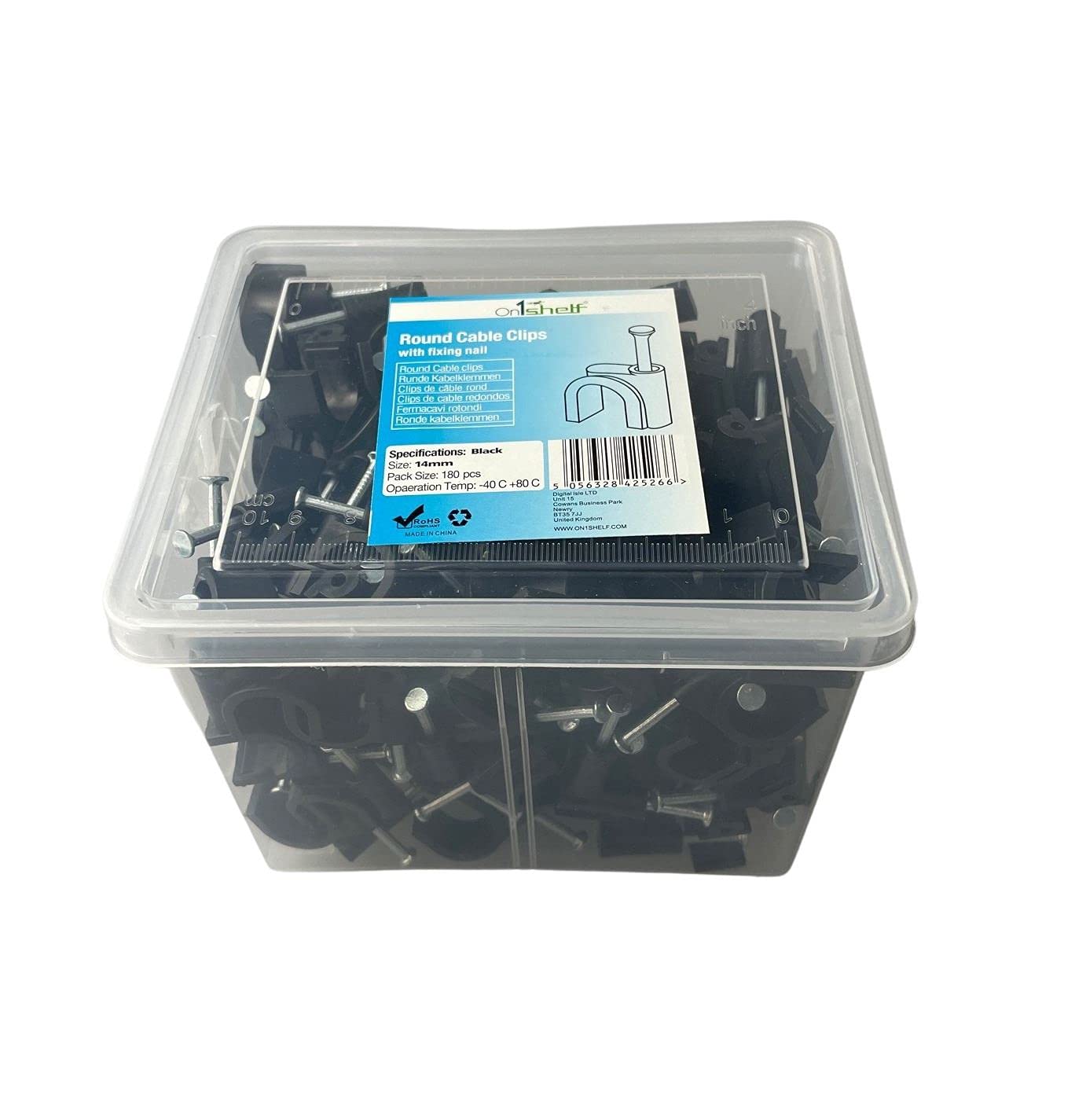 Black Round Cable Clips K-Type Trade Box, 14mm- 180 Pieces