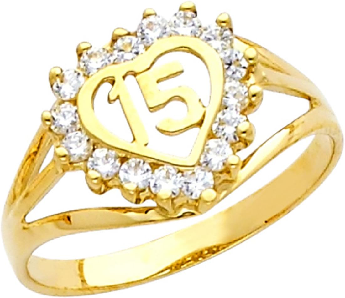 14k Yellow Gold Sweet 15 Anos Quinceanera Heart Ring with Cubic Zirconia