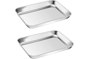 Small Toaster Oven Pan Set of 2, P&P CHEF Stainless Steel Toaster Oven Tarys Baking Pans, Round Smooth Edges & Healthy & Easy Clean, Rectangle 9 x 7 Inches