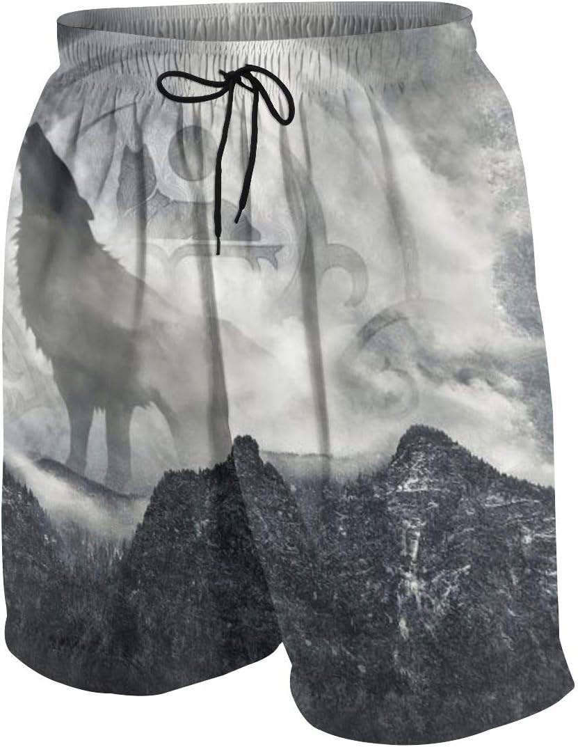 Kidhome Teenagers Boys Beach Board Shorts Yin Yang Wolf Summer Drawstring Beach Shorts Swim Trunks with Pockets for Teen Boys M(10-12)