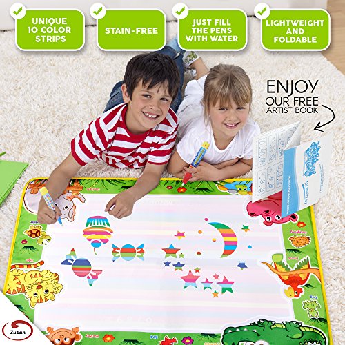 Water Drawing Aqua Doodle Mats: Large 29â€ x 19â€ Water Doodle Pad with 3 Marker Pens, 1 Sheet of Shapes, 2 Alphabet Stencils & 1 Drawing Book - Art & Educational Toy for Kids - Toddler Boys & Girls Toy