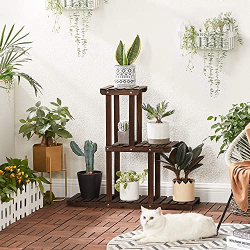 SONGMICS Plant Stand, Small Solid Wood Plant Holder Rack with 6 Spots