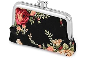 DS. DISTINCTIVE STYLE Coin Purses (2 Compartments) Floral Kiss-Lock Change Pouch Canvas Clasp Closure Wallet for Women (Black
