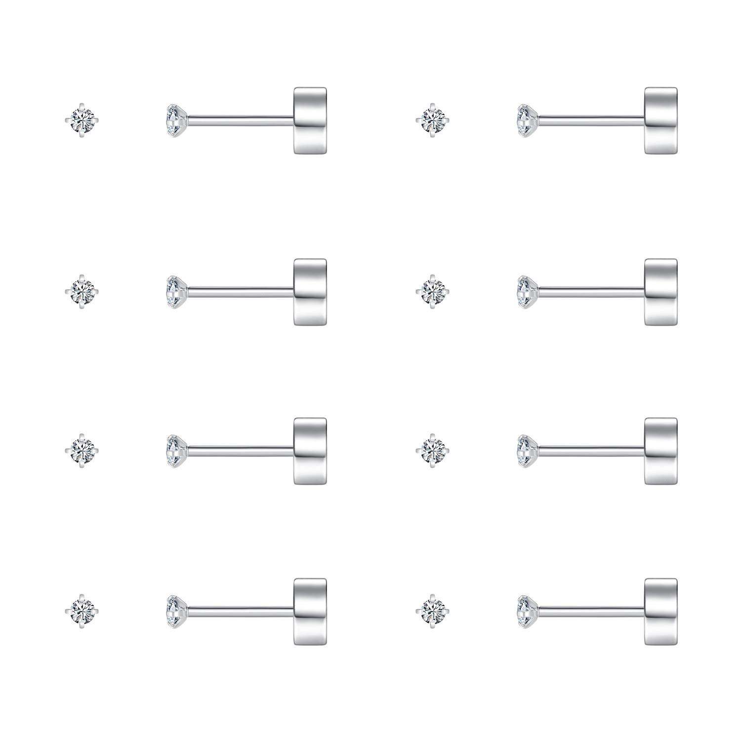 FOSIR 8 Pairs Tiny Flat Back Earrings for Women Men Surgical Stainless Steel Stud Earrings Cubic Zirconia Cartilage Earring Hypoallergenic