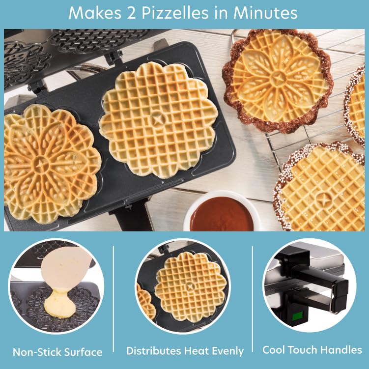 Pizzelle Maker- Nonstick Electric Baker Press Makes Two 5-Inch Cookies at Once- Recipe Guide Included- Fun Baking Supplies for Party- Italian Dessert Treat Making Made Easy- Housewarming Gift for Her
