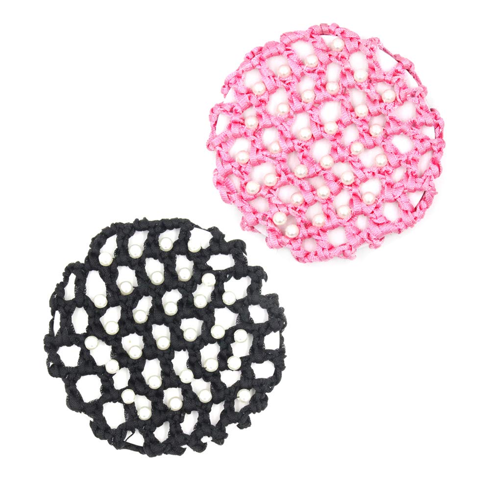 Furling Pompoms Pearl Hand-woven Hair Net Elasticated Hair Net Bag Thick Net Mesh Bun Cover Hair Accessories for Ballet Dancing Sports Pack of 2 pcs (Black & Pink)