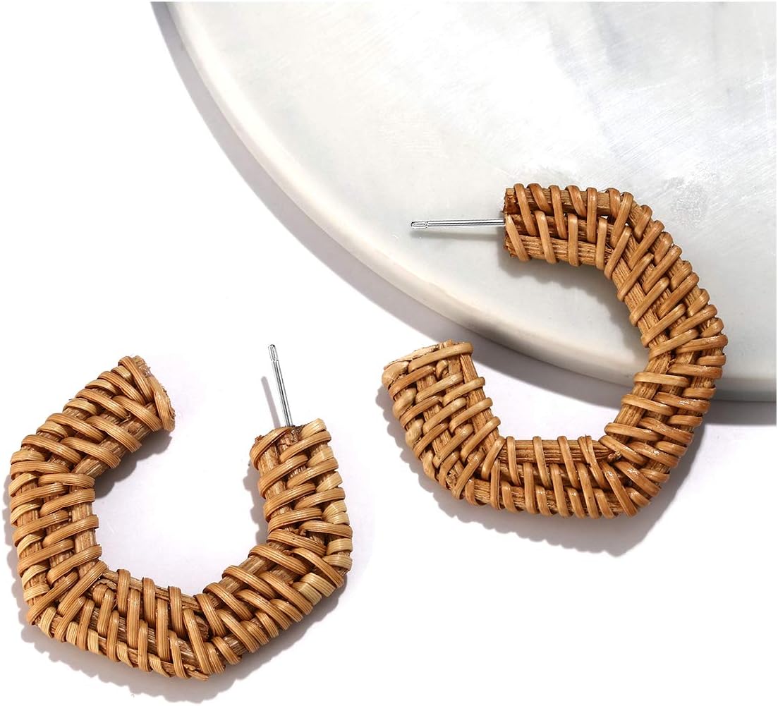 Boderier Hoop Earrings for Women Bohemian Handwoven Geometric Hexagon Rattan Straw Wicker Earrings (A Brown)