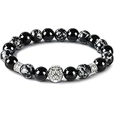 Men's Beaded Bracelet, 10MM Elastic Adjustable Natural Gemstone Bracelet with Stainless Steel Lion Head, Symbolizing Courage & Strength, Gift for Men, Anniversary, Thanksgiving, Christmas, Lapis Lazuli/Map Stone/Terahertz/Hematite/Tiger Eye/Black Onyx/Snowflake Obsidian