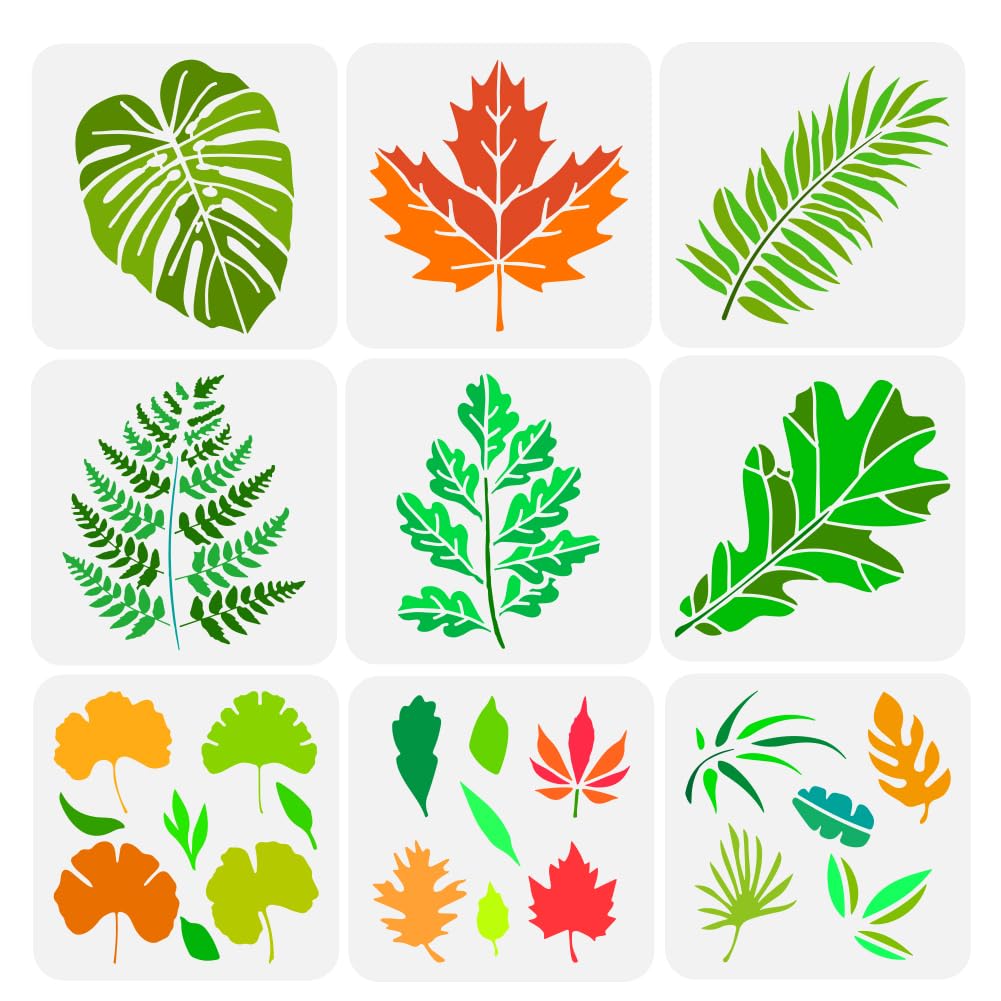 FINGERINSPIRE 9 Pcs Various Leaf Drawing Stencil 20x20cm Monstera Leaf Maple Leaf Fern Leaf Painting Template Oak Leaf Palm Leaf Bamboo Leaf Ginkgo Leaf Stencil for Painting on Wood Wall Fabric