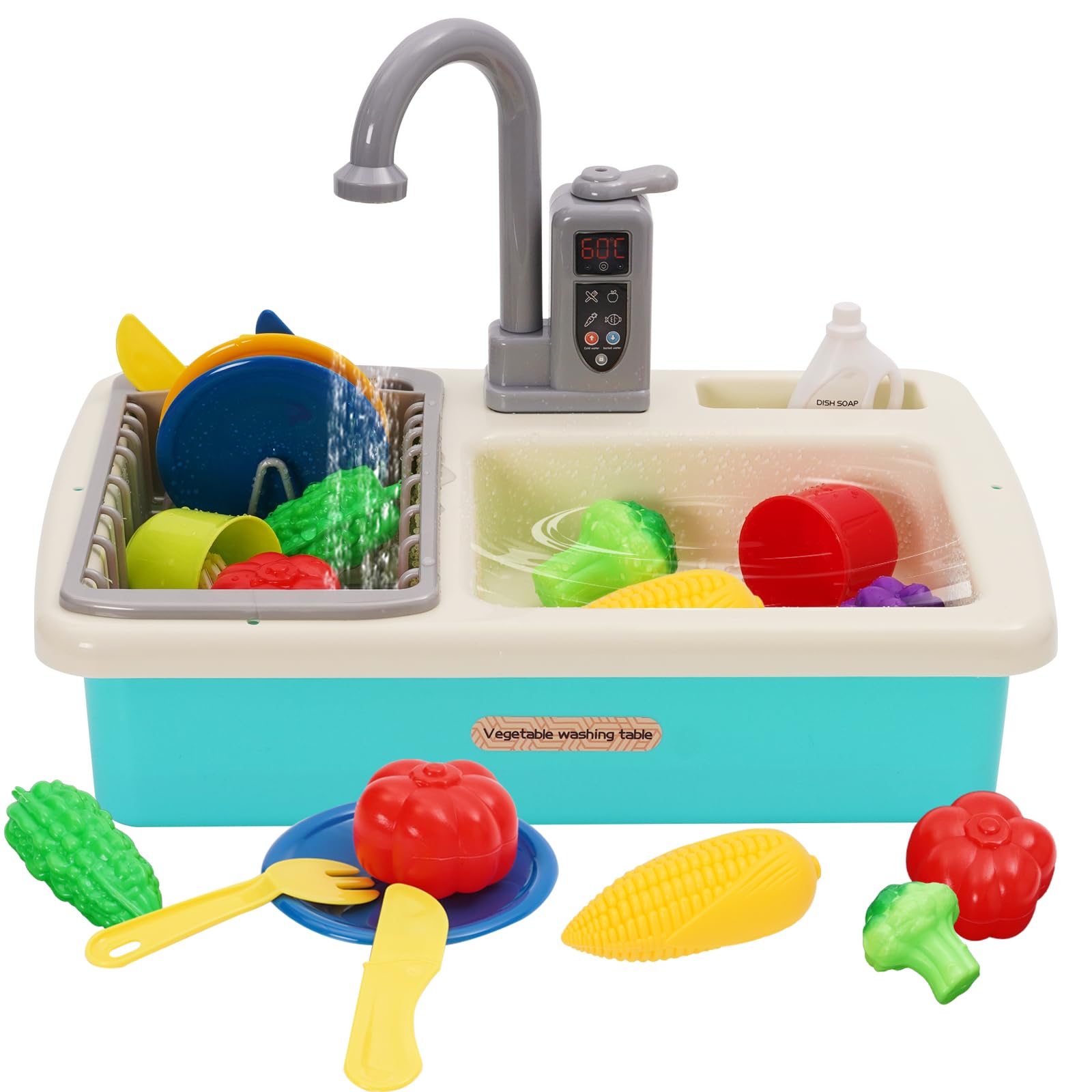 Toddler Play Sink with Running Water,Pretend Role Play Kitchen Toys for Kids with Accessories Vegetable Fruit,Electric Dishwasher with Automatic Water Cycle System,Water Play Gift For Boys Girls,Green — image 1
