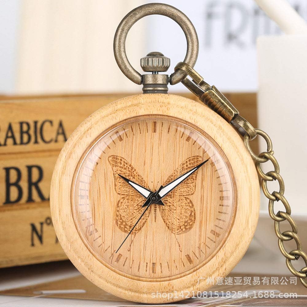 WDDYYBF Vintage Pocket Watch Men And Women Necklace Pendant, Animal Pattern Bamboo And Butterfly Face Keychain Sweater Chain Waist Chain Fashion Jewelry Quartz Pocket Watch