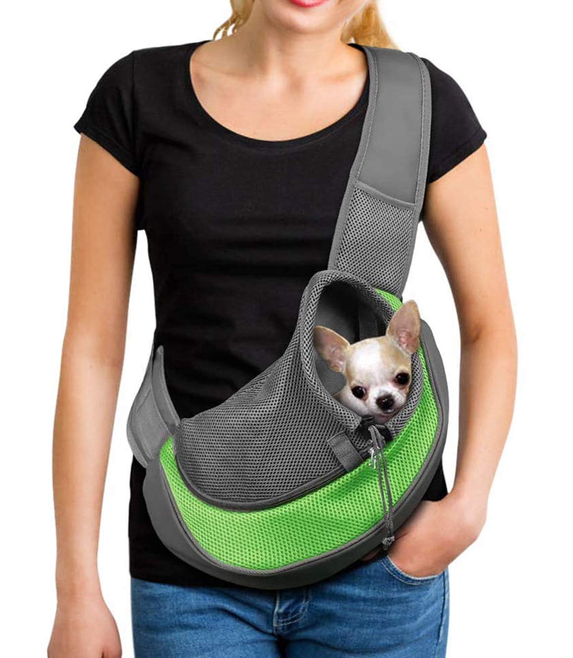 Small Dog Puppy Sling Carrier, Hands-Free Cat Carry Bag Mesh Pet Dog Papoose Pouch Tote Adjustable Padded Shoulder Pet Sling with Pocket & Collar Hook Pet Safety Carrier for Daily Walking Subway,L