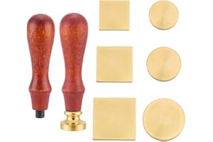 OLYCRAFT 6Pcs Blank Wax Seal Stamp Set with 2Pc Wood Handle Removable Brass Stamp Head 2-3cm Round Square Wax Seal Stamps Kit