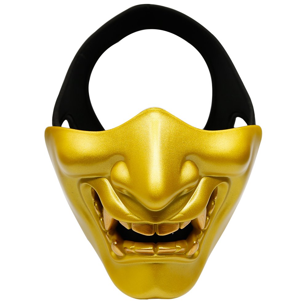 Airsoft Half Face Masks, Evil Demon Monster Kabuki Samurai Hannya Oni Half Face Protective Masks for Masquerade Ball, Party, Halloween, Cs War Game (Gold)