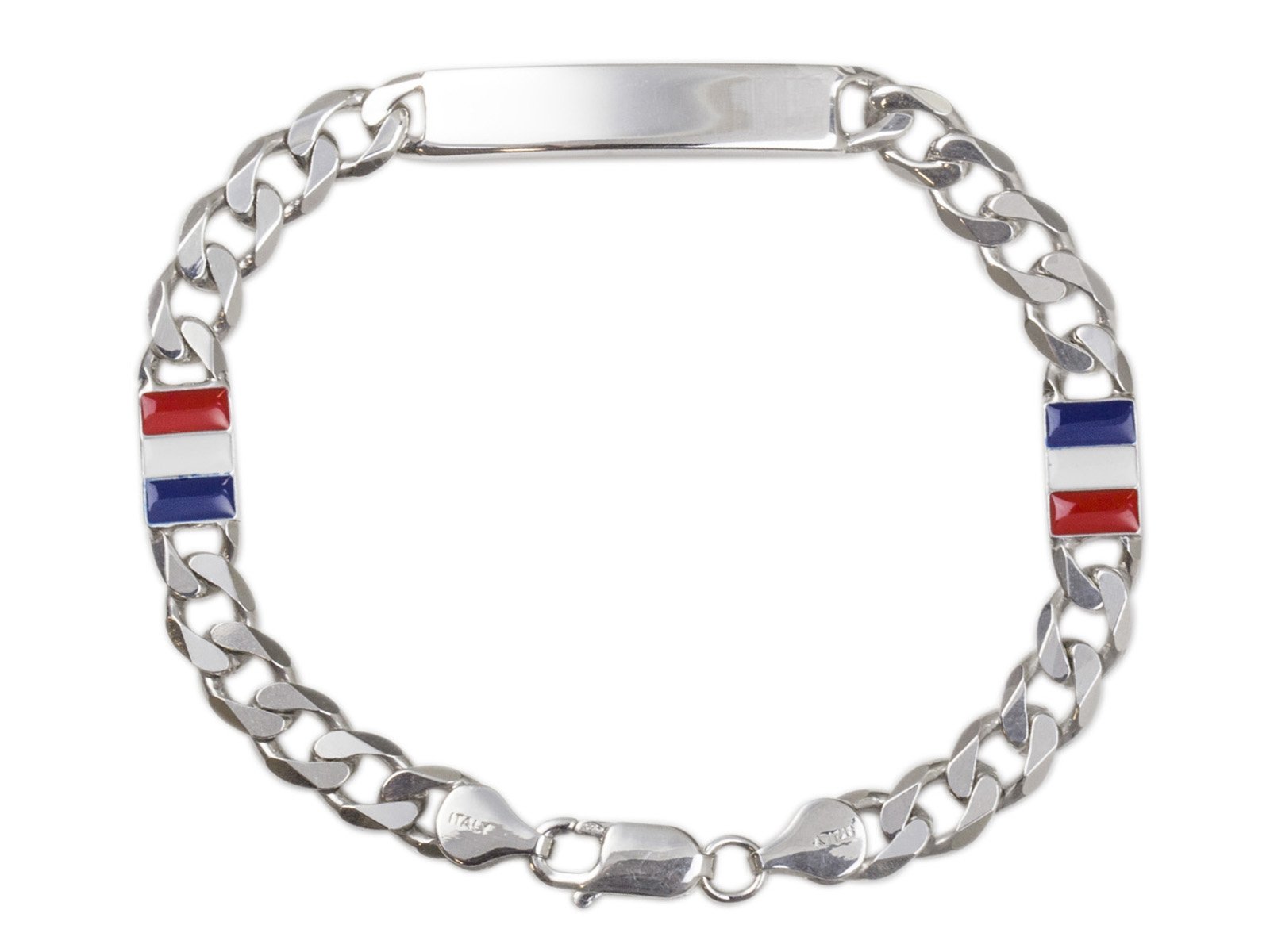 AKA Jewellery - Mens ID Bracelet with French Flag Tag in Sterling Silver 925 Rhodium