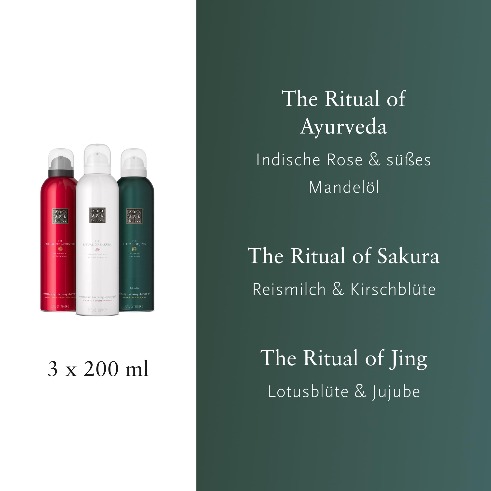 RITUALS Das Vorteilspaket „Rituale von Sakura, Jing und Ayurveda“ | 3 x Duschschaum | pflegendes und revitalisierendes Duschgel | Vorteilspack 3 x 200 ml 3