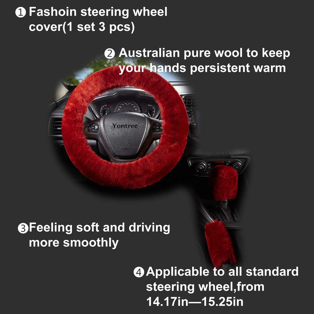 Yontree Fashion Fluffy Steering Wheel Covers for Women/Girls/Ladies Australia Pure Wool 15 Inch1 Set 3 Pcs (Pink): Automotive