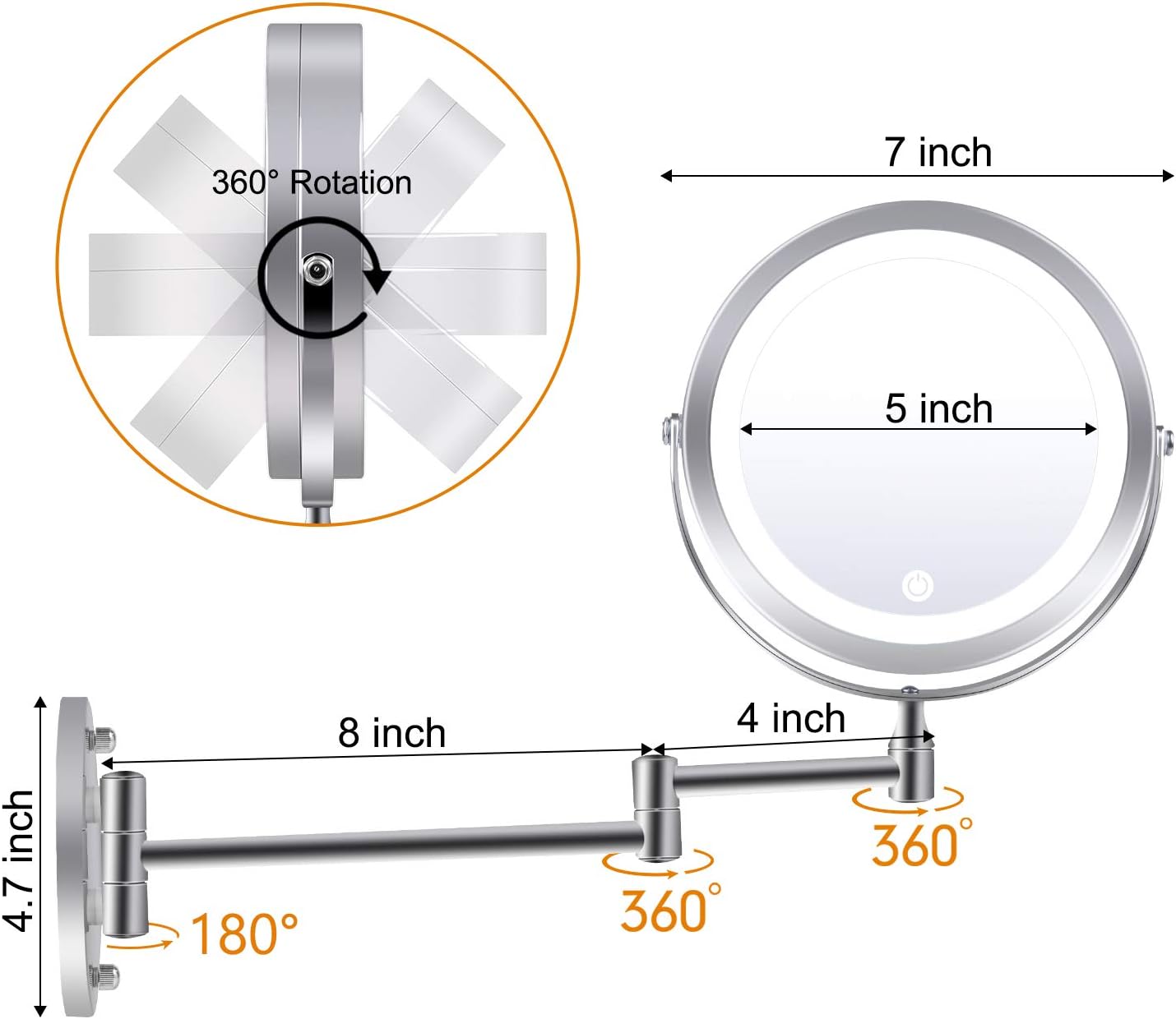 Wall Mounted Makeup Mirror, 1X/10X Magnification 360 Degree Rotation Double Sided LED Lighted Vanity Mirrors for Bathroom AC Adapter or Battery Operated: Furniture & Decor