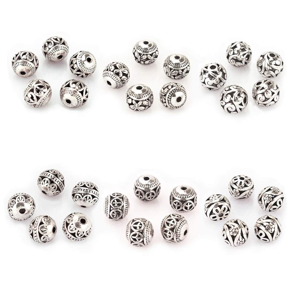 LolliBeads (TM 10mm 30Pcs Tibetan Silver Round Hollow Spacer Charm Beads Jewelry Findings Mix Lot Box Set Assortment