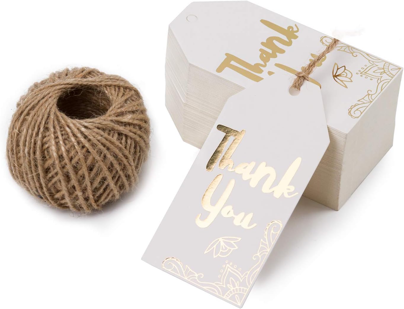WRAPAHOLIC Gift Tags with String 100PCS White Kraft Thank You Paper Tags with 100 Feet Natural
