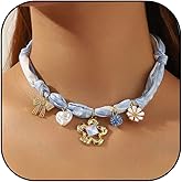 Scarf Necklace with Charm for Women Gold Bow Flower Star Pearl Scarf Charm Necklace Adjustable Bohemian Colorfull Scarfs Choker Necklaces Summer Beach Jewelry Gifts