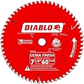 Diablo Ultra Finish Carbide Saw Blade for Wood - 7-1/4" Diameter, 60 ATB Teeth, 5/8" Arbor, .059" Kerf, 10° Hook Angle, .040"