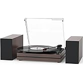 Record Player with Two External Speakers Belt-Drive Turntable for Vinyl Records Dual Stereo Speakers Vintage LP Players Support 3 Speed Wireless Playback AUX Headphone Input Auto Stop Wood Brown