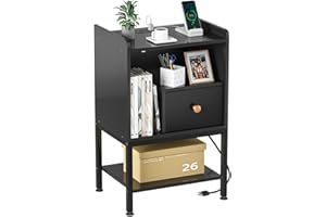 Gannyfer Nightstand with Charging Station,Night Stand with USB Ports and Storage Drawer,Modern 3-Tier End Side Table,Small Wood Bedside Table for Bedroom,Living Room,Black
