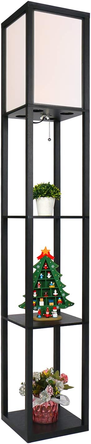 PULUOMIS Floor Lamp with Shelves 3-Tier Wood Black 160 cm Modern Reading Lamp