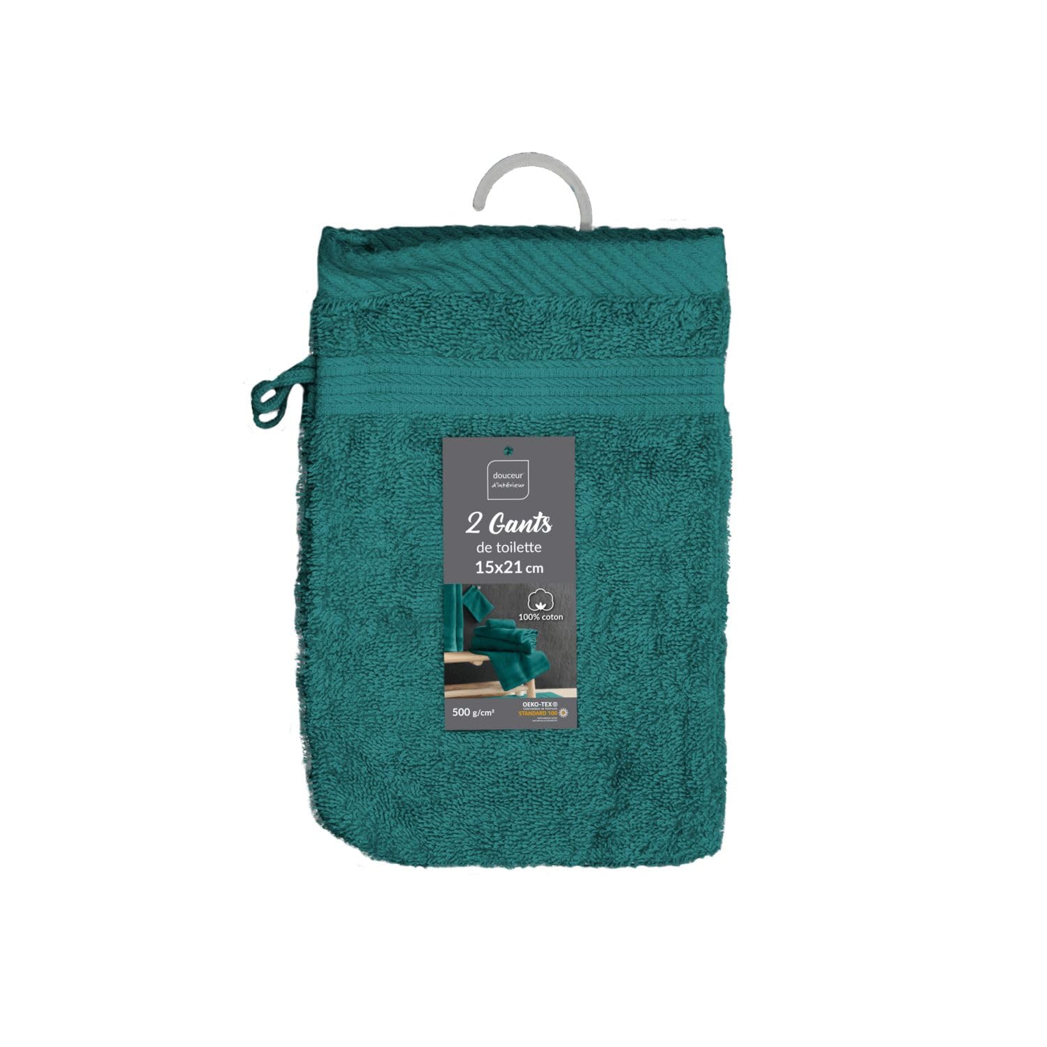 Douceur d'Intérieur, 2 Wash Mitts (15 x 21 cm) Tendresse Emerald, Plain Sponge