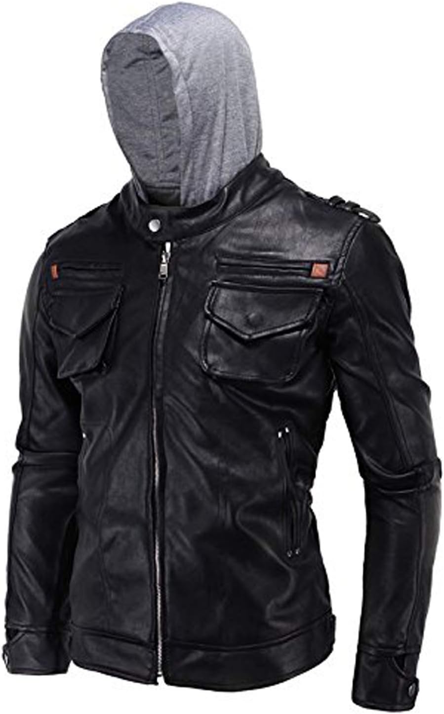 SID Mens Hoodie Lambskin Leather Jacket,Biker Jacket with Removable Hood