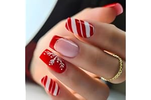 BSBTBZ Christmas Press on Nails Square Medium Fake Nails with Snowflake Red White Stripes Pattern, Winter Xmas Design False Nails with Glue Full Cover Artificial Acrylic Nails -24pcs