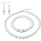 Thinp 3 Pcs Pearl Necklace and Earring Bracelet Set,Pearl Jewelry Set for Women 8mm Faux Pearls Necklace for Women Best Gift for Birthday Valentine's Day