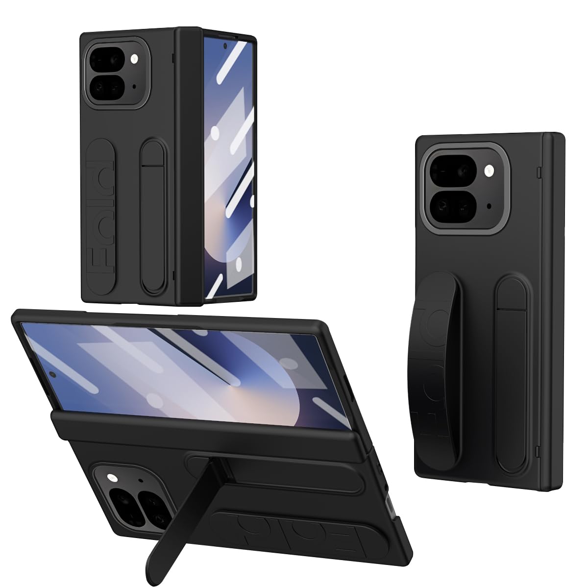 ZQYFCDZ Case for Google Pixel 9 Pro Fold - Silicone Wrist Strap, Portable Stand, All-Inclusive Hinge Protection, Fingerprint-Resistant PC Material, Black