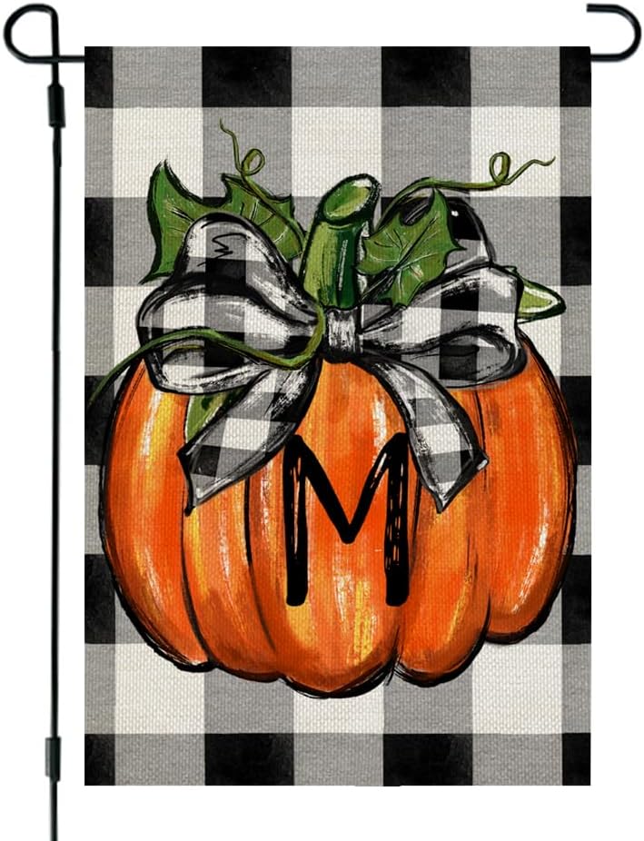 Flags - CROWNED BEAUTY Fall Thanksgiving Pumpkin Monogram Letter M Garden Flag 12x18 Inch Double Sided Burlap Plaid Small Family Last Name Initial Yard Decoration CF1126-12