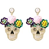 Cute Candy Skull Earrings for Women – Day of the Dead Sugar Skull Jewelry with Colorful Flowers – Halloween, Festival & Costume Accessories