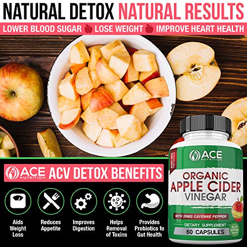 ACE Nutrition Organic Apple Cider Vinegar Capsules (600mg) Natural Detox and Weight Loss Supplements | Cayenne Pepper Metabolism Booster | Raw, Pure, Non-GMO, Gluten Free