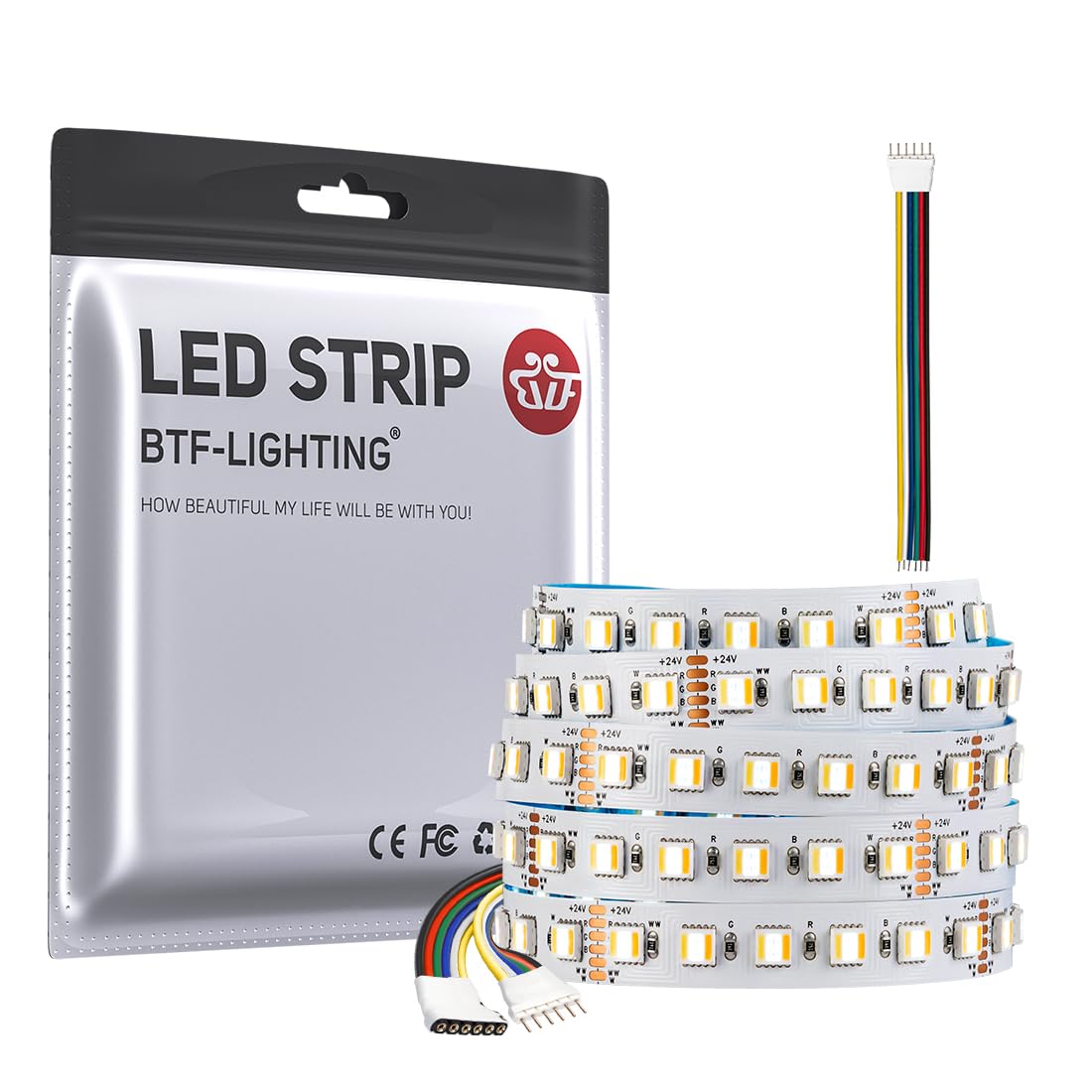 BTF-LIGHTING 5in1 RGBCCT 5050 5M 96LEDs/m 480LEDs RGB+Cold White+Warm White LED Strip DC24V Ip30 Non Waterproof White PCB 5 Colour in 1 LED for Room Home Decoration(Strip Only)
