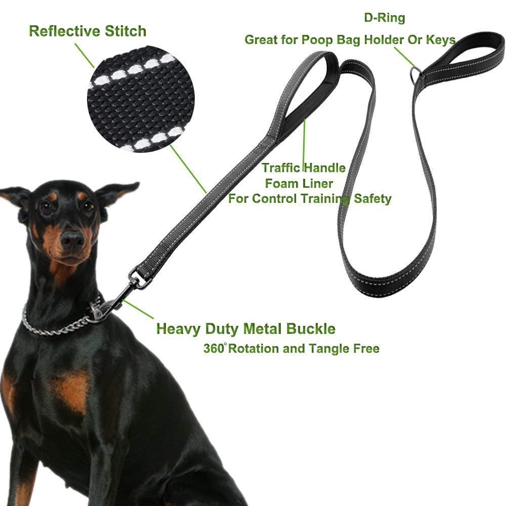 Dog Leash for Large Dogs 2 Handles for Extra Control, Leash Traffic Control Dual Padded Handle Heavy Duty 5ft Long Training Leash Lead Greater Control Safety Training for Large Medium Dogs (Black)