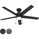 Hunter Fan 52 inch Matte Black Indoor Ceiling Fan with Light and Pull Chain for Bedroom, Living Room, Kitchen, Office (Renewe