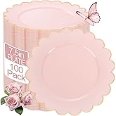 LIYH 100 Pcs 7.5" Pink Plastic Plates with Gold Disposable Pink Dessert Plates Gold Plastic Plate,Baby Shower Plate Set Suitable for Weddings Bridal Showers Afternoon Tea Valentines Day Mother's Day