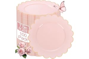 LIYH 100 Pcs Pink Plastic Plates with Gold Disposable Pink Dessert Plates 7.5" Gold Plastic Plate,Baby Shower Plate Set Suita