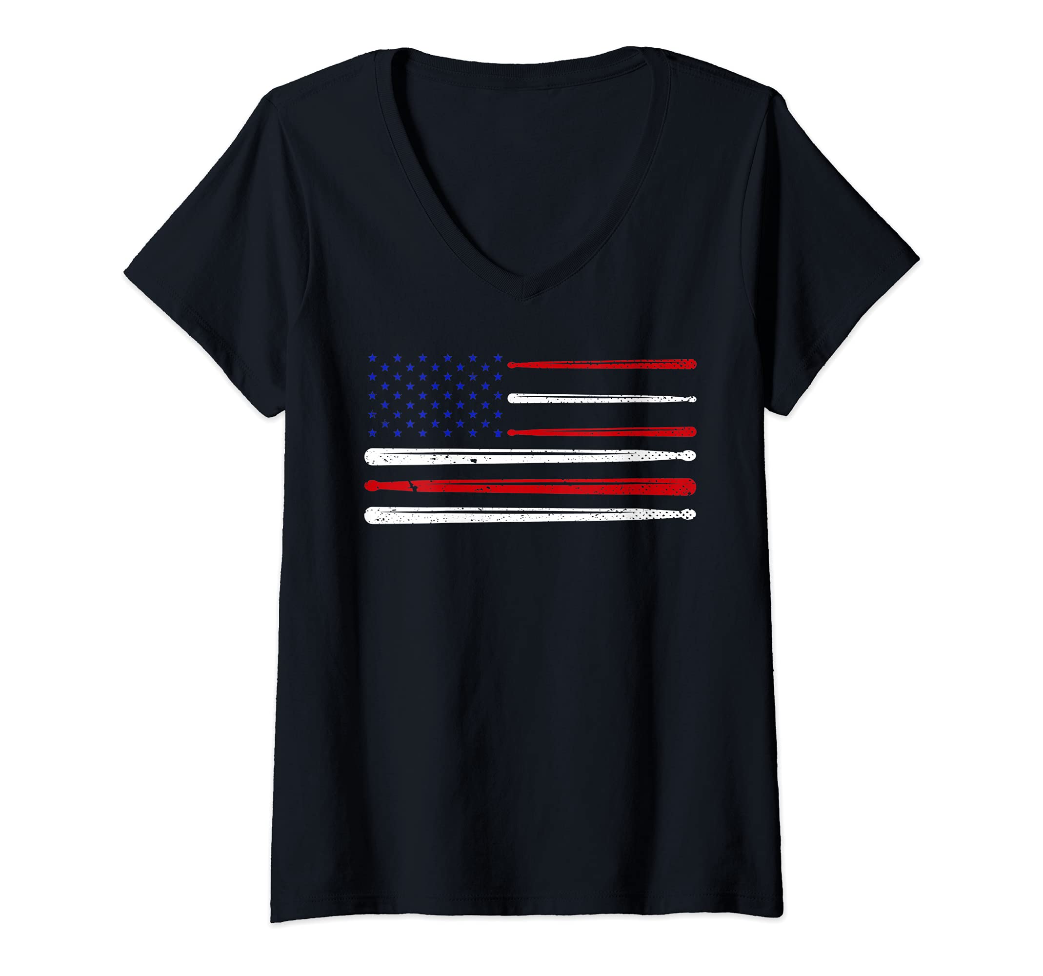 Womens American Pride Drummer Musician Drumsticks USA Flag Drums V-Neck T-Shirt