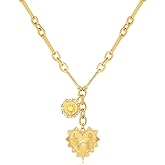 J JEAN QCEE Sun Heart Necklace for Women 18K Gold Plated 2 Charms Heart Pendant Necklace Chunky Choker Chain Necklace Trendy Hip Hop Charm Neutral Necklace Aesthetic Jewelry