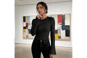 Women Ribbed Long Sleeve Knit Top Round Neck Basic Thermal Shirt