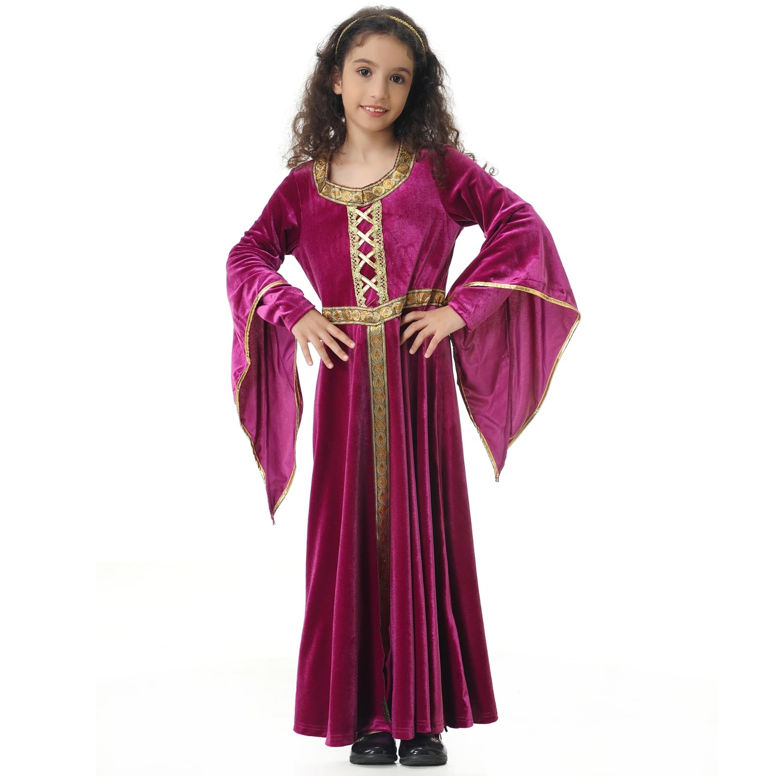 maxToonrain Girls Medieval Princess Costume Renaissance Velvet Dress Kids Royal Fancy Dress Up for Halloween World Book Day (Pink, X-Large)