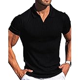 Vuiosrx Men's Collared Muscle Polo Shirts Slim Fit Short Sleeve V Neck T Shirts Men Zipper Ribbed Golf Shirt Casual Stylish