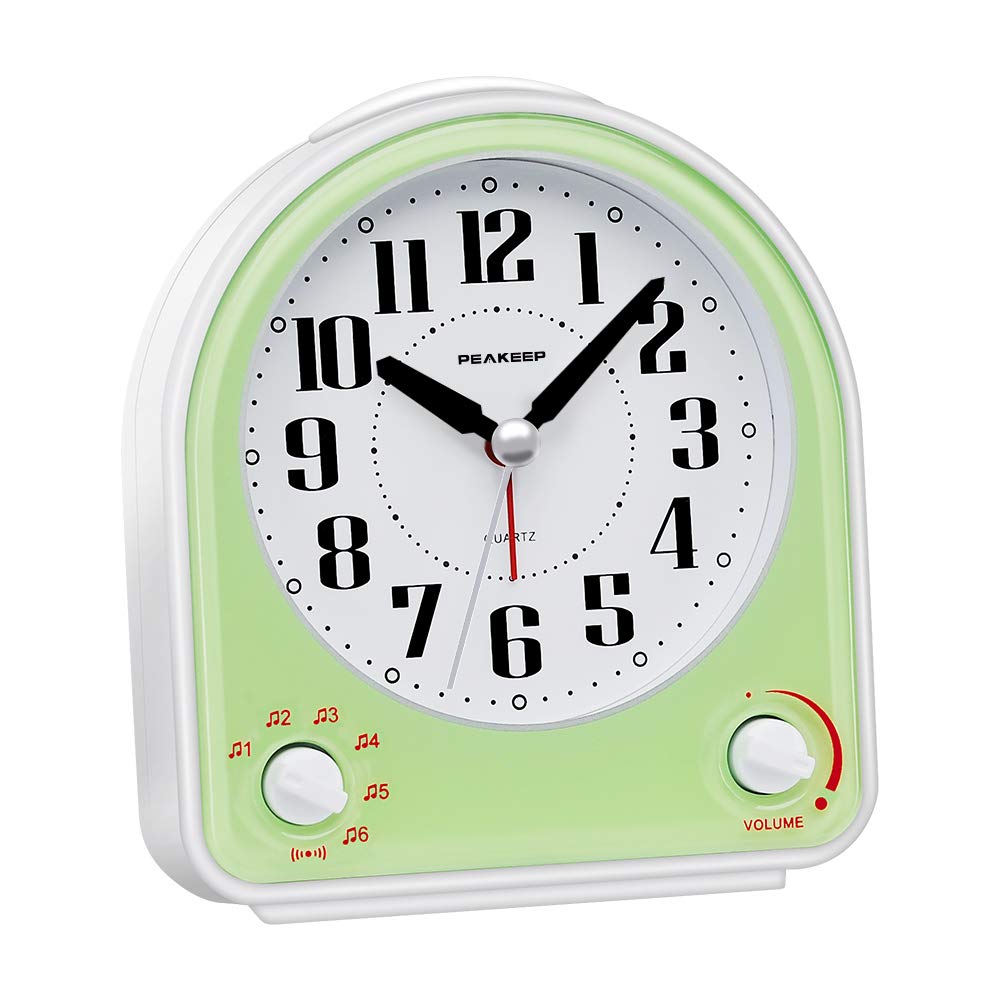 Photo 1 of Peakeep Analog Alarm Clock Non-Ticking Silent, Optional 7 Wake-up Sounds with Volume Control, Nightlight and Snooze, AA Battery Operated (Green)